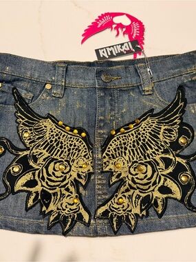 NWT KIMIKAL Embellished Denim Mini Skirt with Gold Wing Appliqué